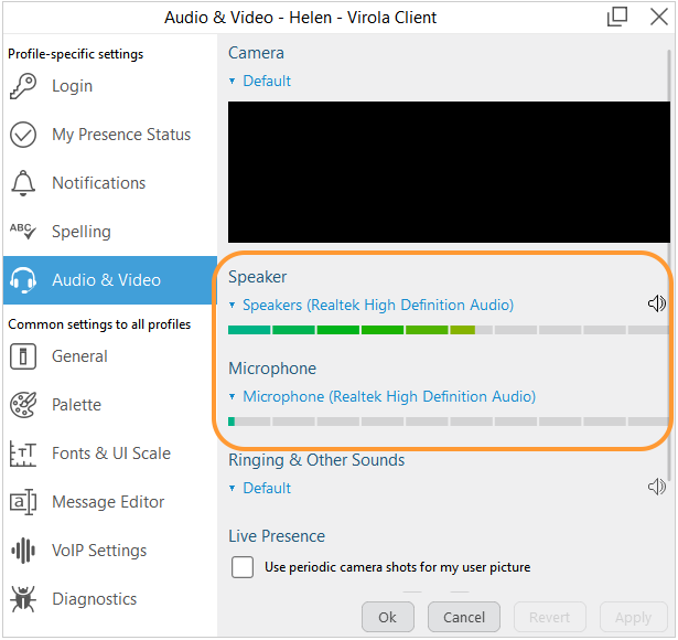 Example of Virola audio and video settings