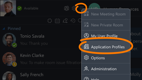 Menu item that opens Application profiles manager