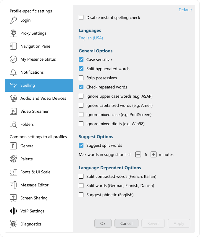 Screenshot of spell checker options in Virola settings