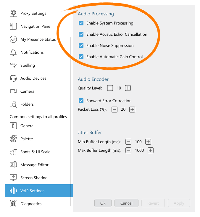 VoIP settings in Virola Client
