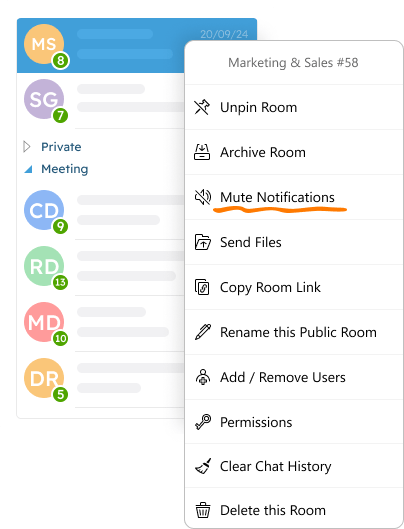 Screenshot of a chat room context menu in Virola with Mute option highlighted