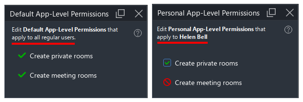 Screenshots of global and personal app-level permissions
