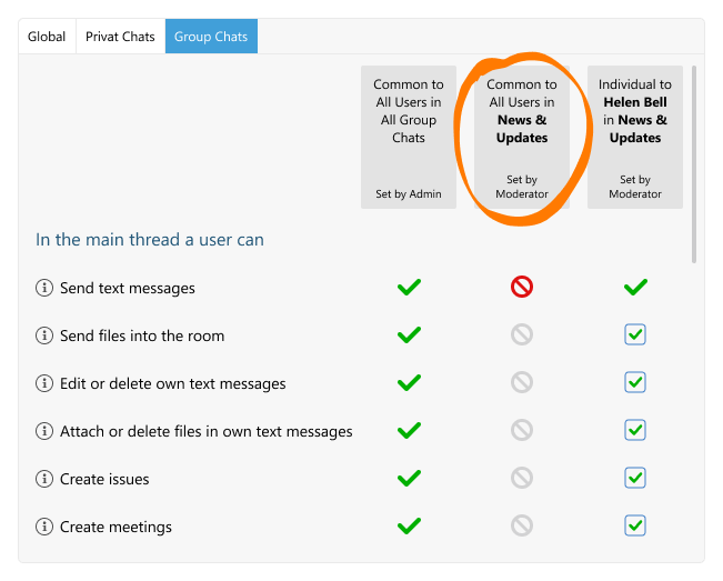 Screenshot of the user permissions menu visible to Virola server admin