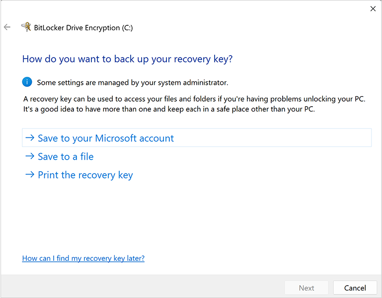 BitLocker recovery key settings screenshot
