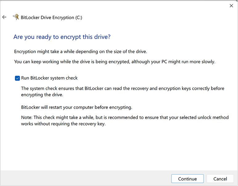 BitLocker system check settings screenshot