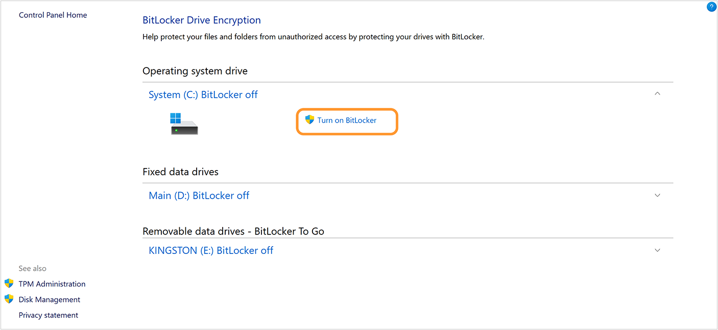 Screenshot of turning on BitLocker on Windows 11