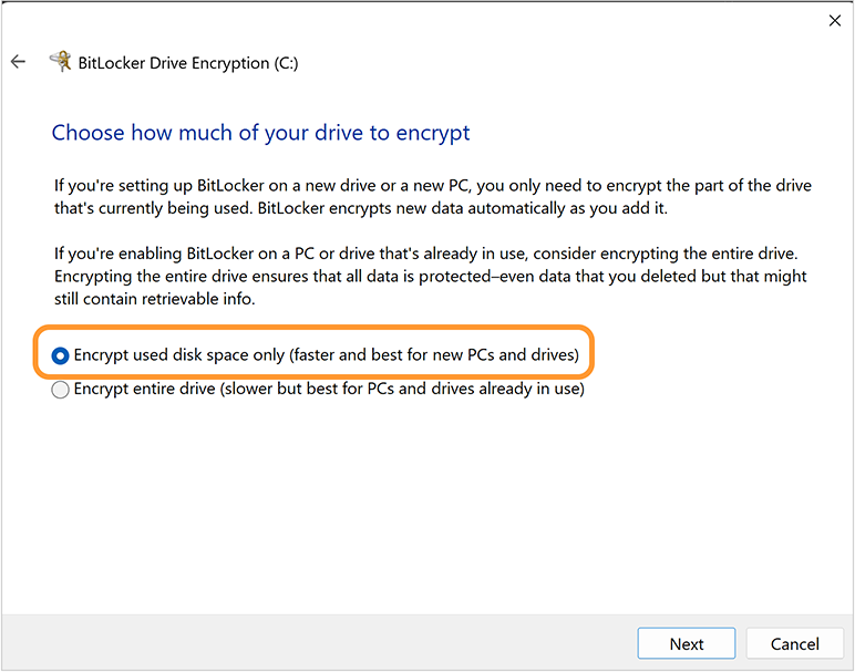 BitLocker used disk space encryption settings screenshot