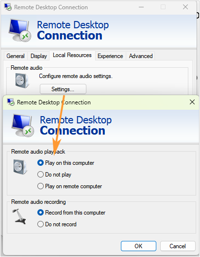 Screenshot of the Remote Desktop connection settings
