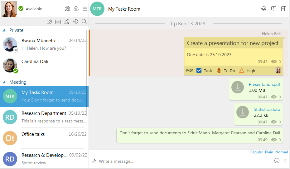 Tasks room example in Virola Messenger