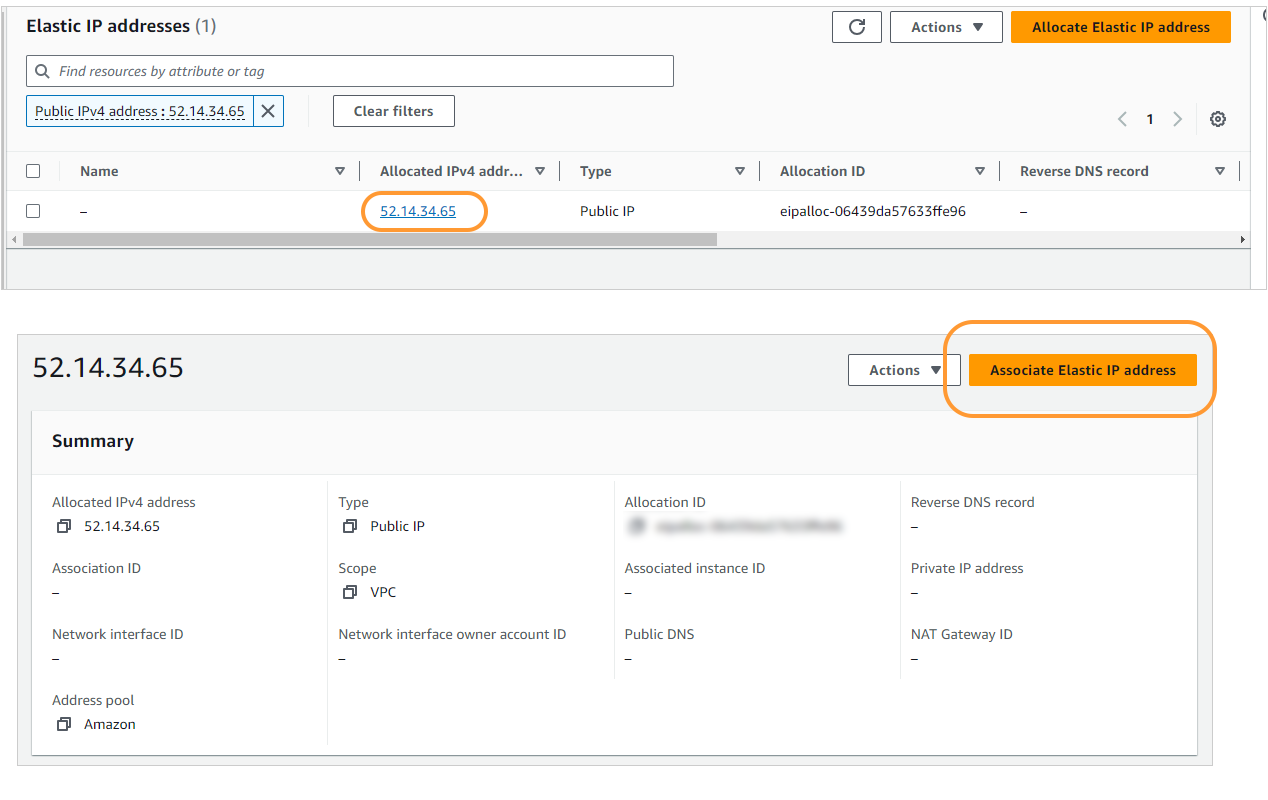 Screenshot of AWS Elastic IP address settings