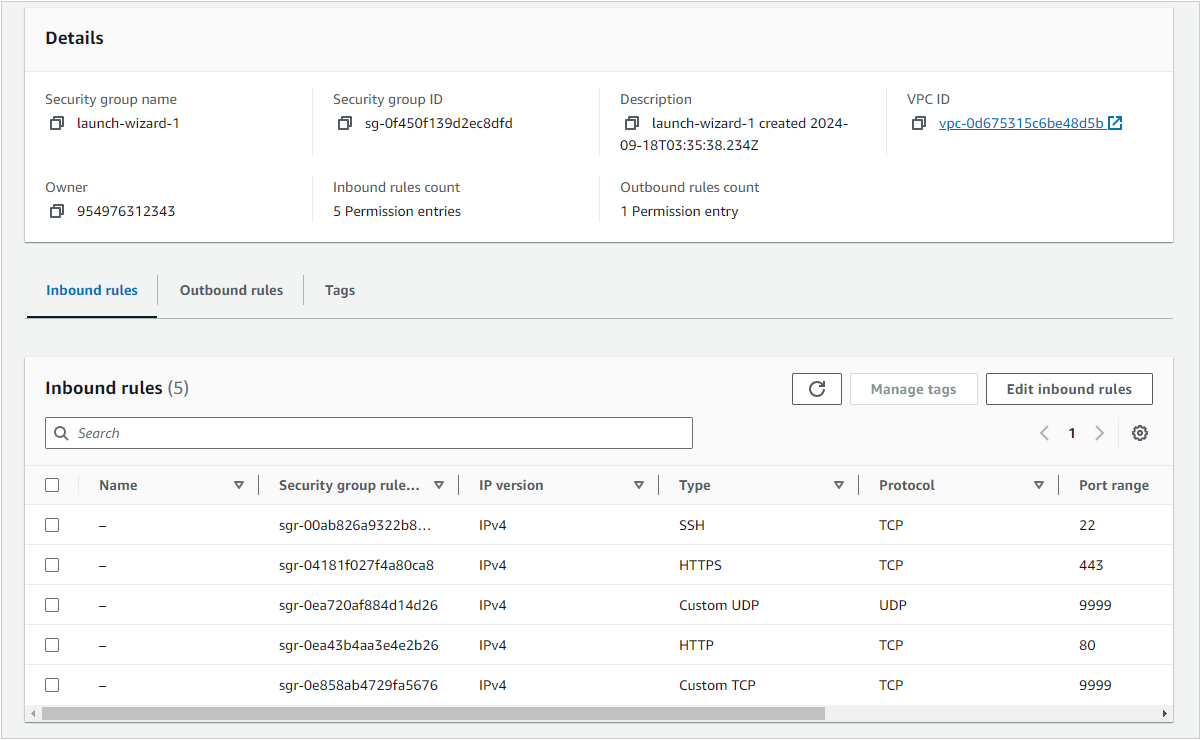 Screenshot of AWS security rules settings