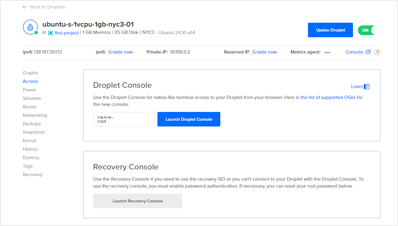 Screenshot of DigitalOcean's Droplet Launch Console settings