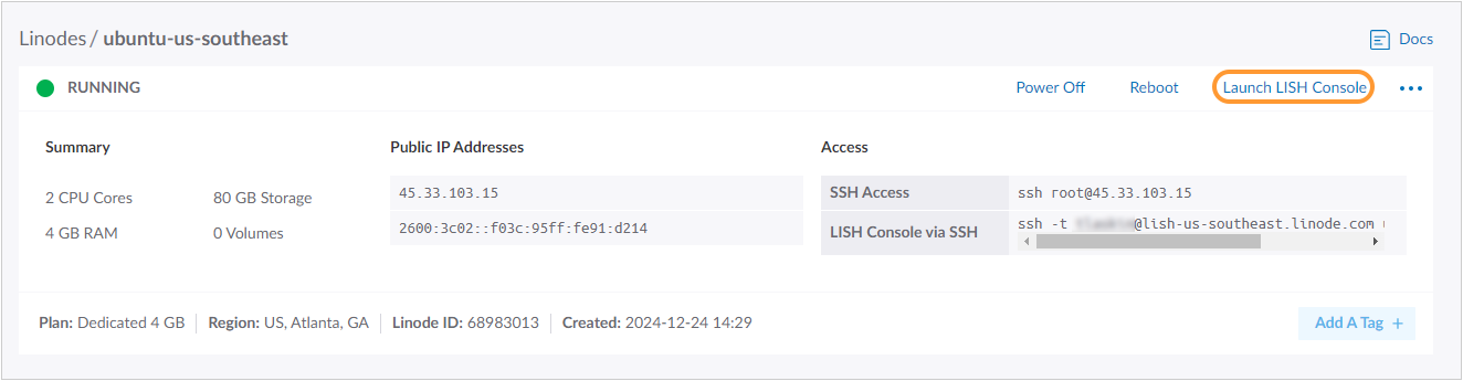 Screenshot of Linode settings