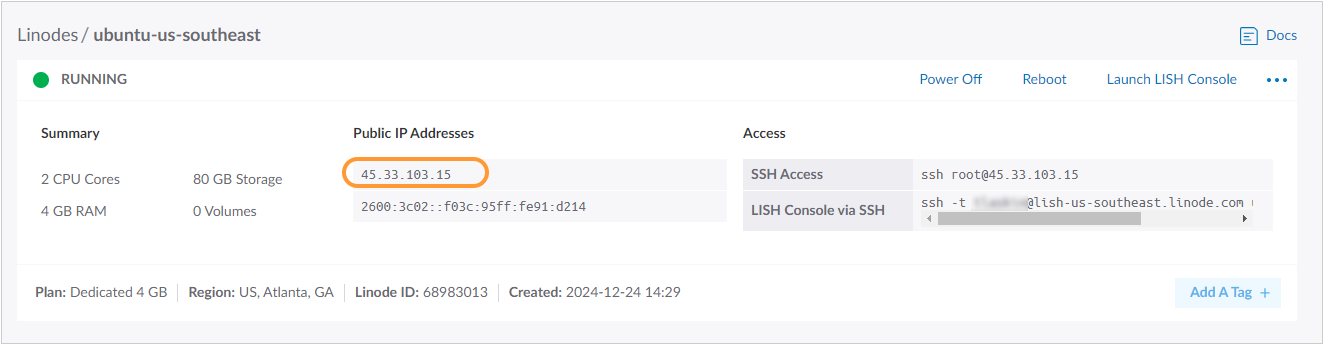 Screenshot of Linode public IP settings