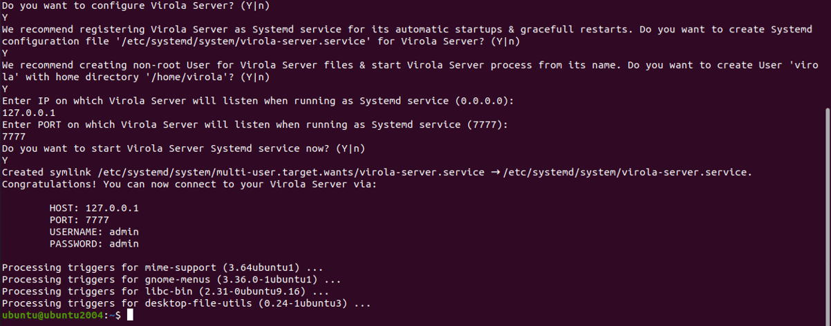 Screenshot of the process of registering Virola server as systemd service (daemon)