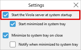 Screenshot of Virola server for Windows options