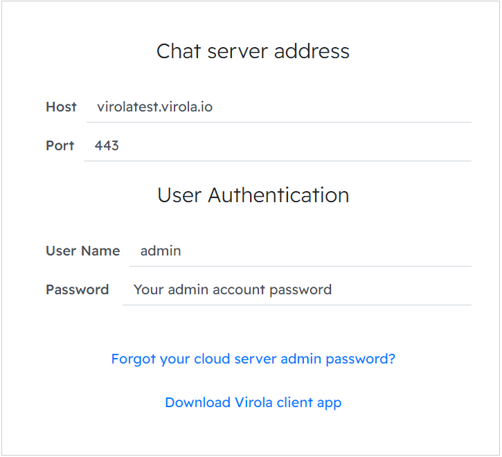 Virola cloud account details