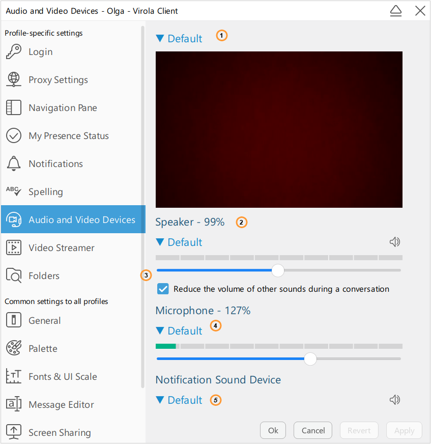 Audio and video settings tab Audio and video settings tab