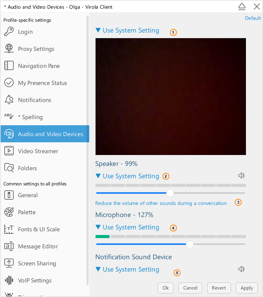 Audio and video settings tab Audio and video settings tab