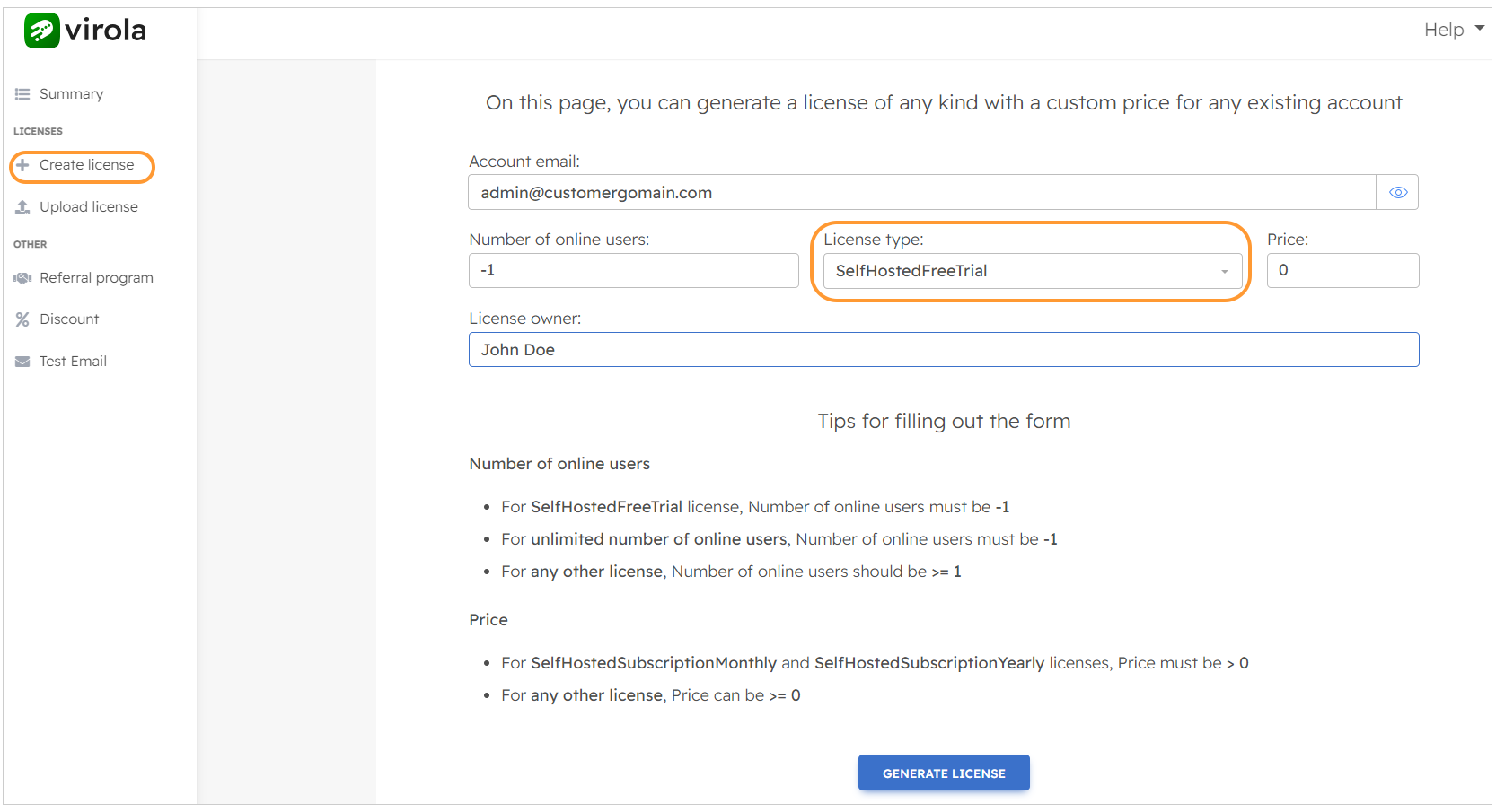 How to generate a free trial license
