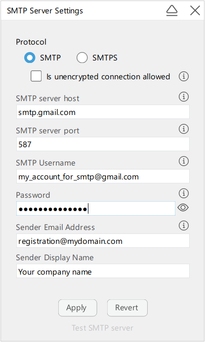 Gmail SMTP configuration in Virola