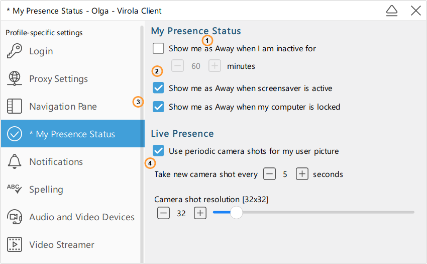 Presence settings for Virola client Presence settings for Virola client