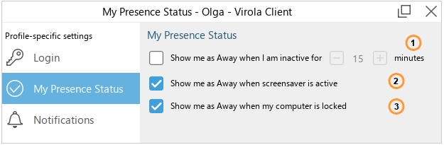 Presence settings for Virola client