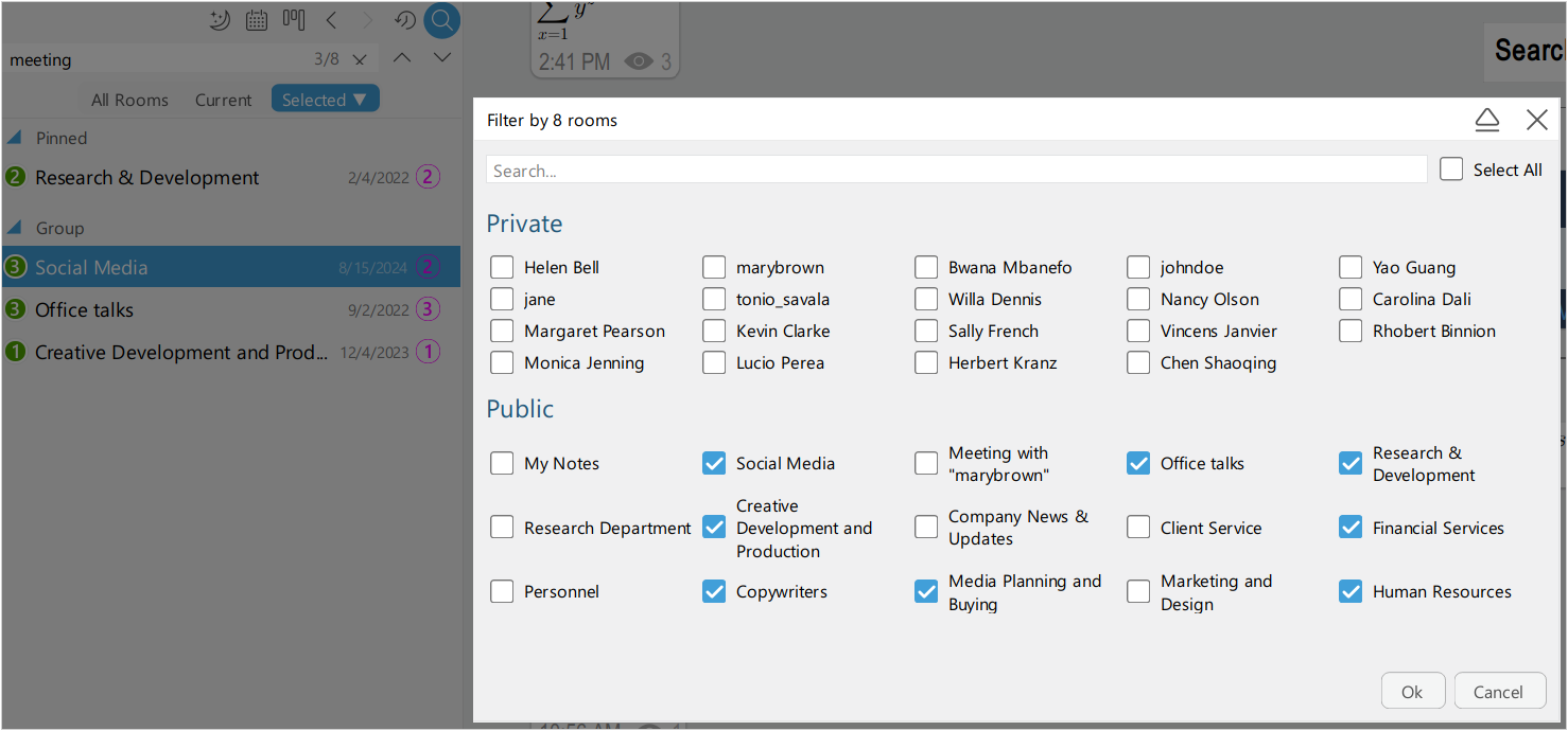 Search in selected chat rooms