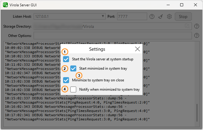 Virola server for Windows settings