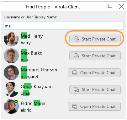 Selecting a user for a private chat