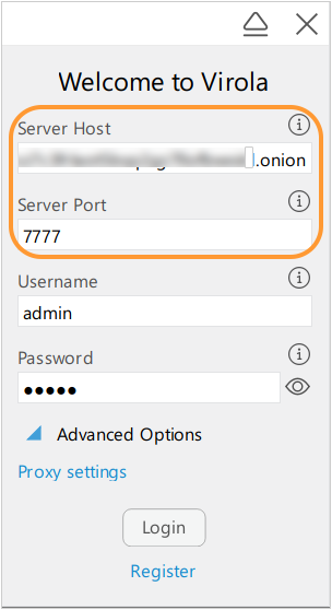 Login on Virola Client over Tor network