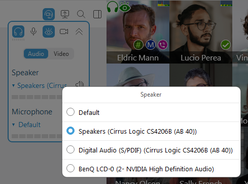Audio devices list in Virola chat room toolbar