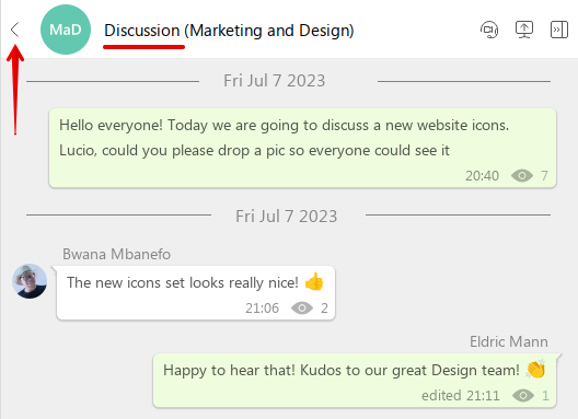 Screenshot of a Discussion space with the Back button