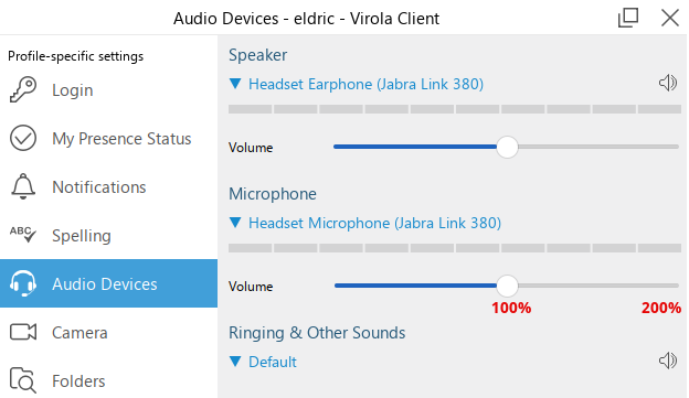 Screenshot of Virola audio settings with new volume levels