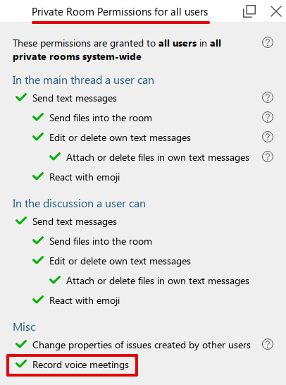 Screenshot of the default private room permissions configuration with new voice meetings recording permission