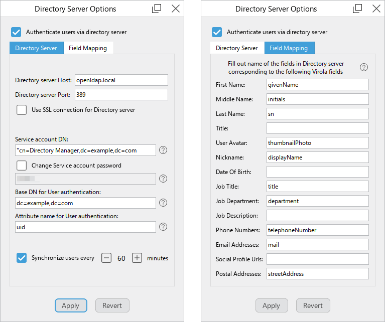 Screenshot of Directory Server integration options
