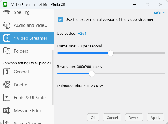 Screenshot of Video Streamer options