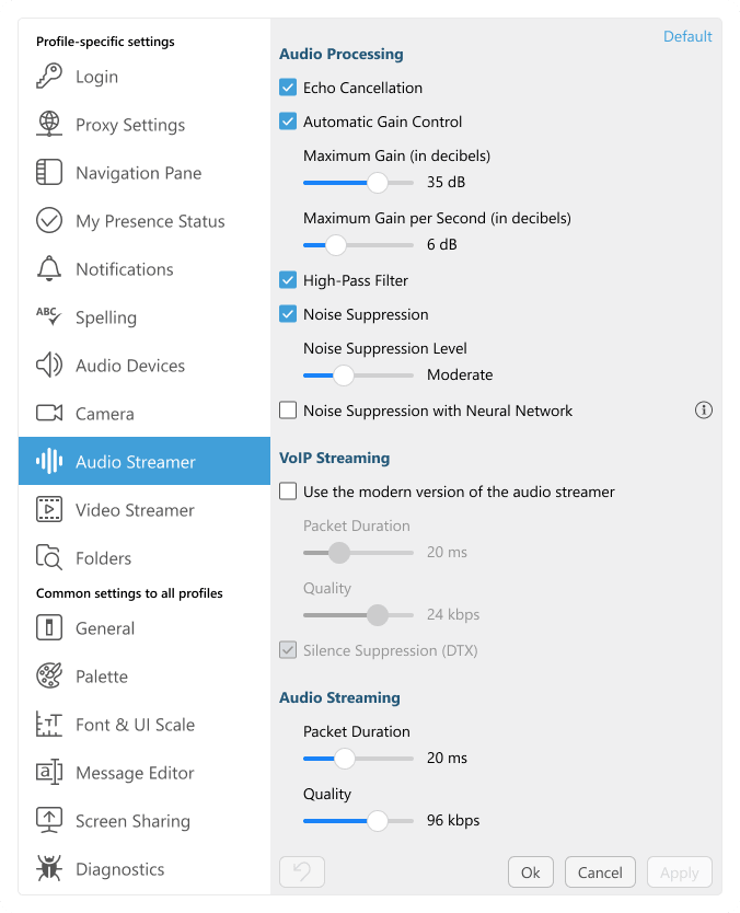 Screenshot of audio streaming options