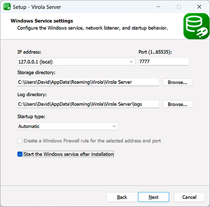 Screenshot of Virola Server installer